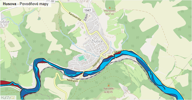 Husova - záplavové mapy stoleté vody