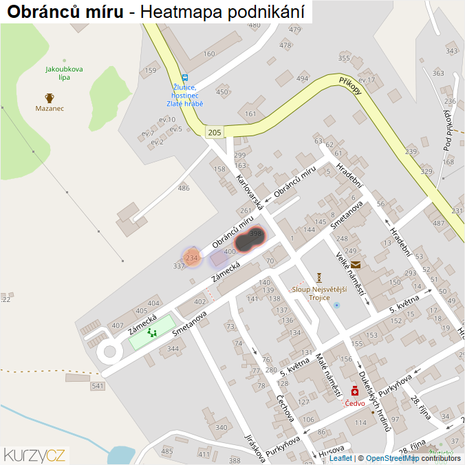 Mapa Obránců míru - Firmy v ulici.