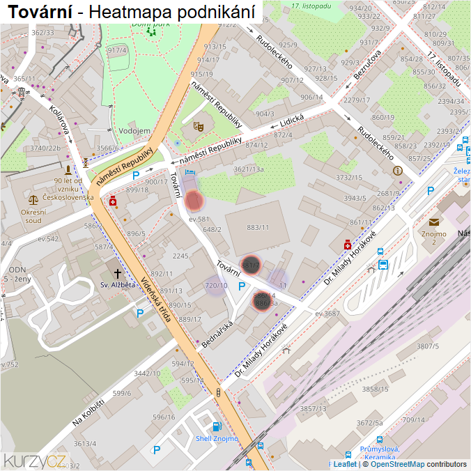Mapa Tovární - Firmy v ulici.