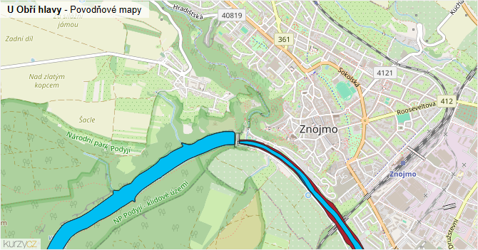 U Obří hlavy - záplavové mapy stoleté vody
