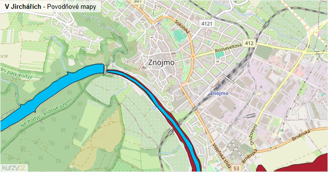 V Jirchářích - záplavové mapy stoleté vody