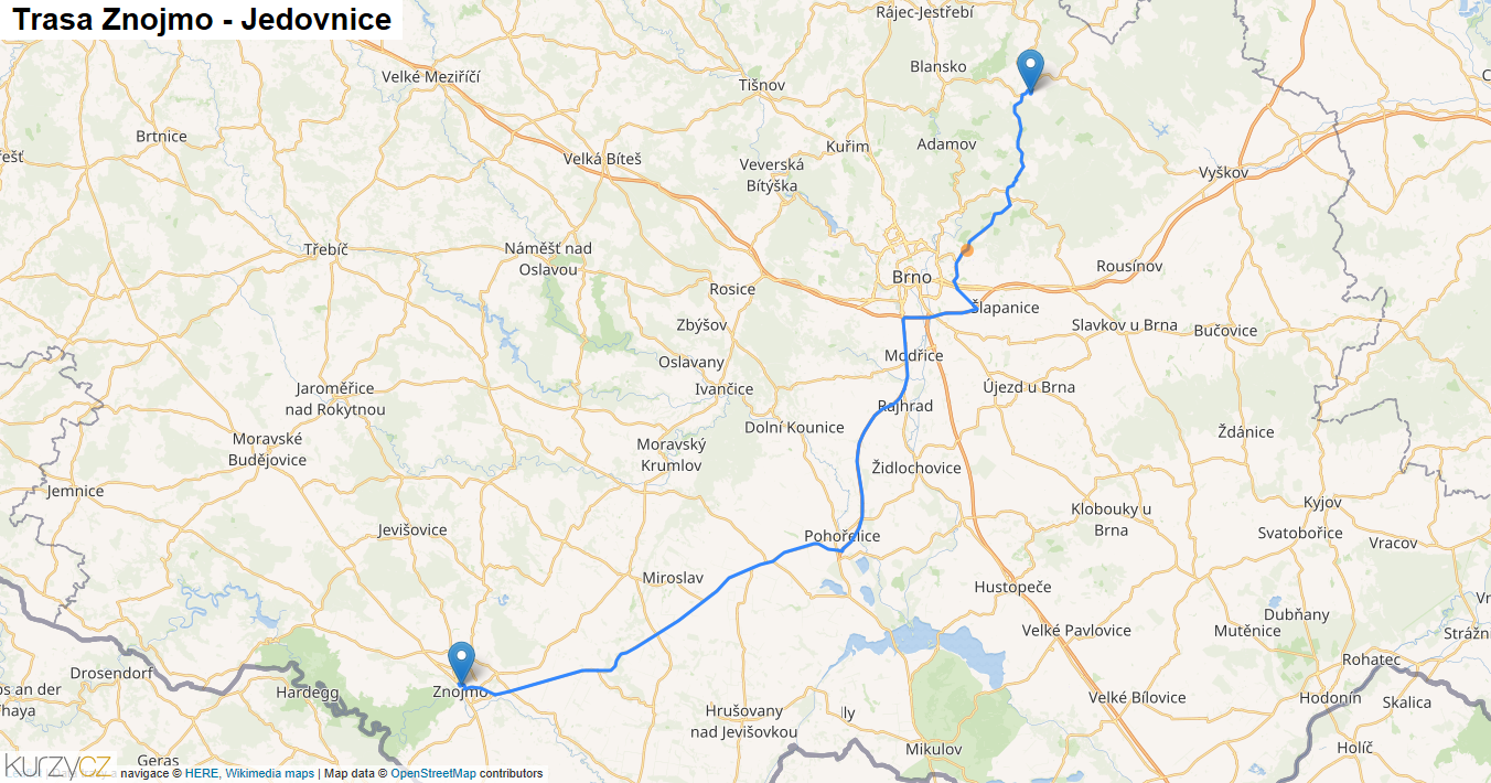 Znojmo-Jedovnice, mapa trasy
