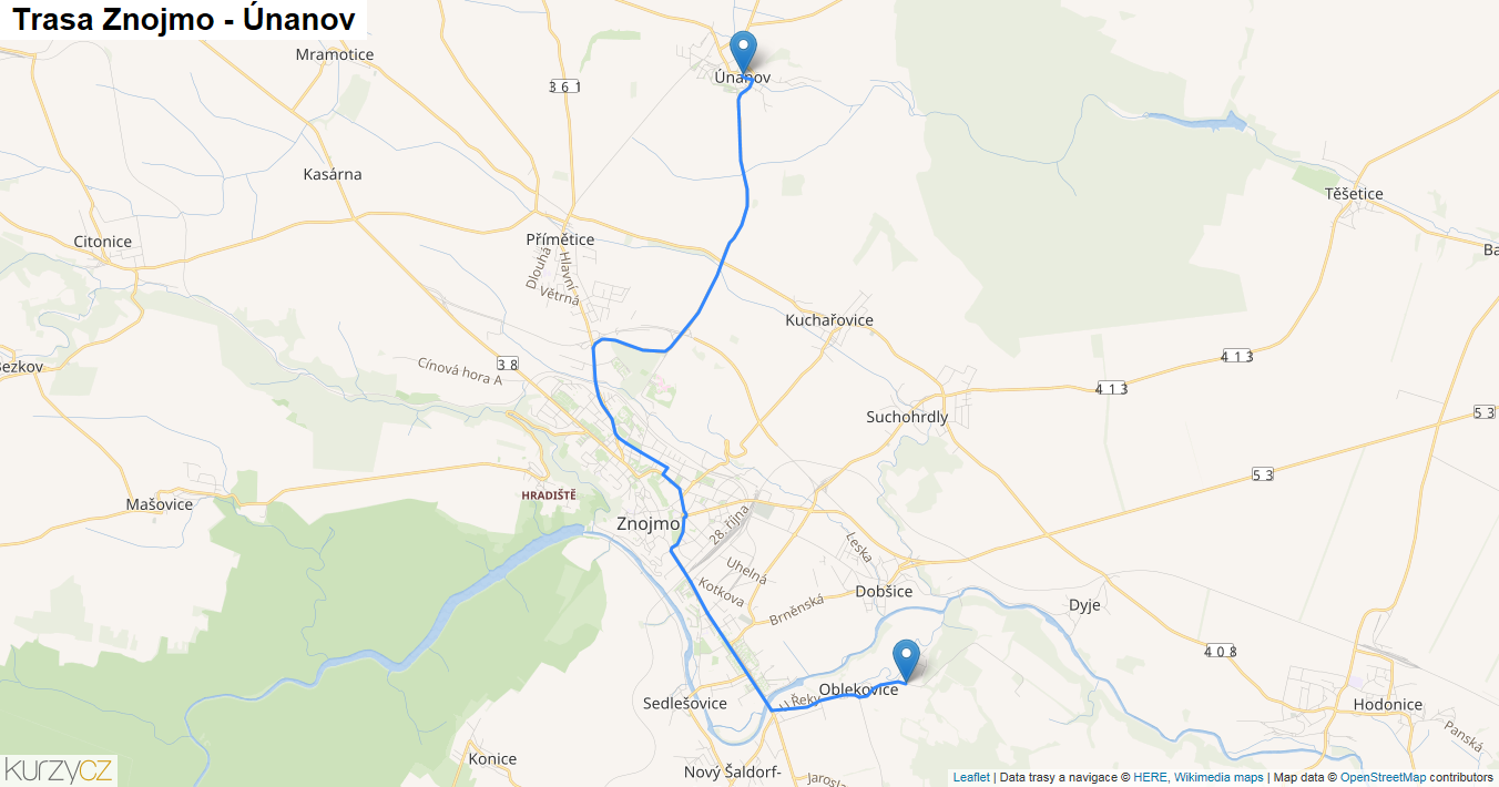 Znojmo-Únanov, mapa trasy