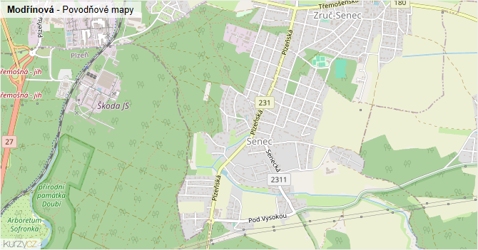 Modřínová - záplavové mapy stoleté vody