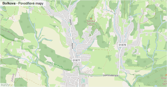 Bořkova - záplavové mapy stoleté vody
