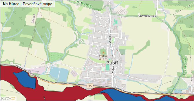 Na Hůrce - záplavové mapy stoleté vody