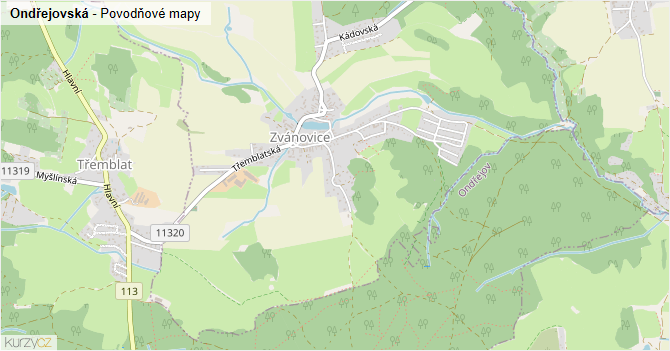 Ondřejovská - záplavové mapy stoleté vody