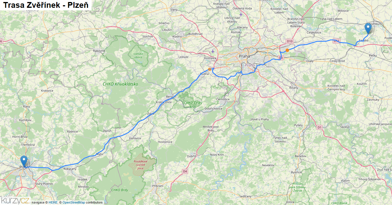 Zvěřínek-Plzeň, mapa trasy