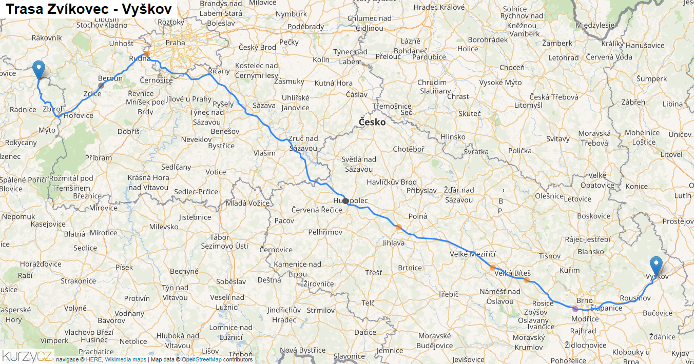 Zvíkovec-Vyškov, mapa trasy