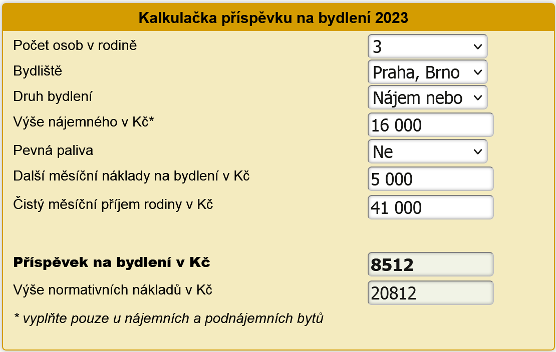 Kalkulaka pspvku na bydlen od 1.1.2023