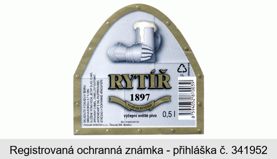 RYTÍŘ 1897 PIVOVAR BENEŠOV výčepní světlé pivo 0,5 l