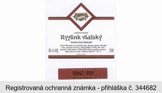 odrůdové víno jakostní Ryzlink vlašský Vinařská oblast Mikulovská VÍNO-VÍN Morava Mutěnice