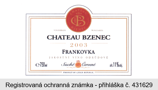 CHATEAU BZENEC 2003 FRANKOVKA JAKOSTNÍ VÍNO ODRŮDOVÉ Suché Červené