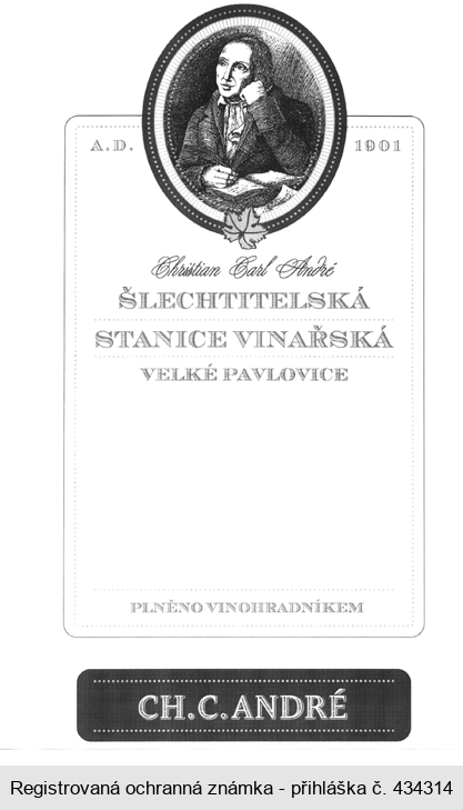 A.D. 1901 Christian Carl André ŠLECHTITELSKÁ STANICE VINAŘSKÁ VELKÉ PAVLOVICE PLNĚNO VINOHRADNÍKEM  CH.C.ANDRÉ