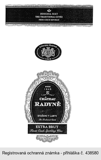 BOHEMIA SEKT THE TRADICIONAL CUVÉE FROM CZECH REPUBLIC CHÂTEAU RADYNĚ 1945 SINCE 1945 CHÂTEAU RADYNĚ EXTRA BRUT Finest Czech Sparkling Wine