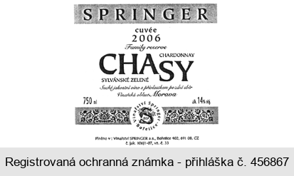 SPRINGER cuvée Family reserve CHASY CHARDONNAY SYLVÁNSKÉ ZELENÉ Suché jakostní víno s přívlastkem pozdní Vinařská oblast Morava