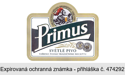 Primus SVĚTLÉ PIVO VAŘENO PODLE TRADIČNÍHO RECEPTU JAN PRIMUS VÉVODA BRABANTSKÝ 1252-1294