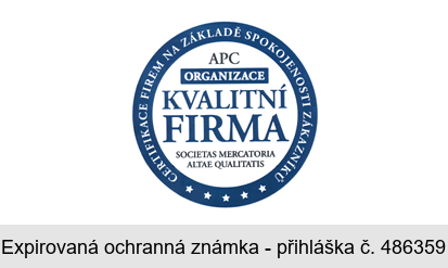 CERTIFIKACE FIREM NA ZÁKLADĚ SPOKOJENOSTI ZÁKAZNÍKŮ APC ORGANIZACE KVALITNÍ FIRMA SOCIETAS MERCATORIA ALTAE QUALITATIS