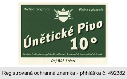 Únětické Pivo 10° Poctivá receptura Plněno v pivovaře Tradiční české pivo bez přídavků, náhražek, konzervačních a stabilizačních látek Dej Bůh štěstí