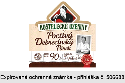 KOSTELECKÉ UZENINY Poctivý Debrecínský Párek POCTIVĚ KOSTELECKY OD ROKU 1917