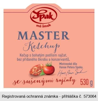 Spak má šmak MASTER Ketchup Kečup s bohatým podílem rajčat, bez přidaného škrobu a konzervantů. Mistrovské dílo Hanse Petera Spaka. se sušenými rajčaty  530 g