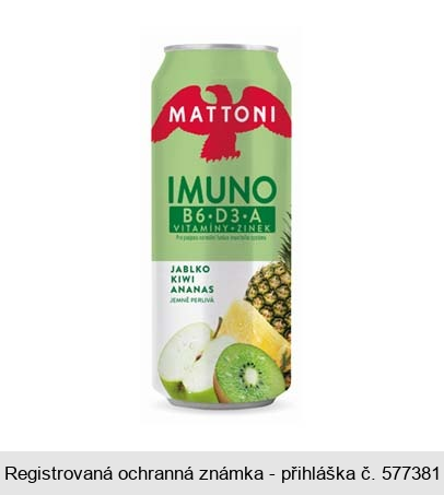 MATTONI IMUNO B6 D3 A VITAMÍNY + ZINEK Pro podporu normální funkce imunitního systému JABLKO KIWI ANANAS JEMNĚ PERLIVÁ