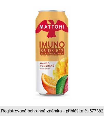 MATTONI IMUNO B6 D3 B12 VITAMÍNY + ZINEK Pro podporu normální funkce imunitního systému MANGO POMERANČ JEMNĚ PERLIVÁ