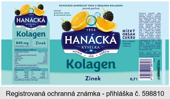 1854 HANÁCKÁ KYSELKA VÁPNÍK JÓD HOŘČÍK Kolagen Zinek OCHUCENÁ MINERÁLNÍ VODA S OBSAHEM KOLEGENU jemně perlivá