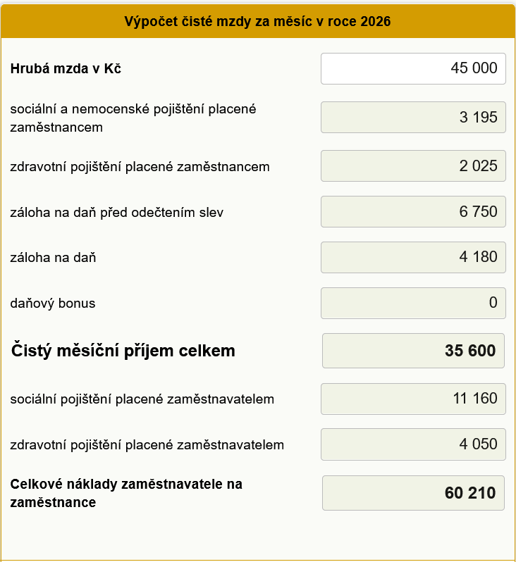 V�po�et �ist� mzdy v roce 2026