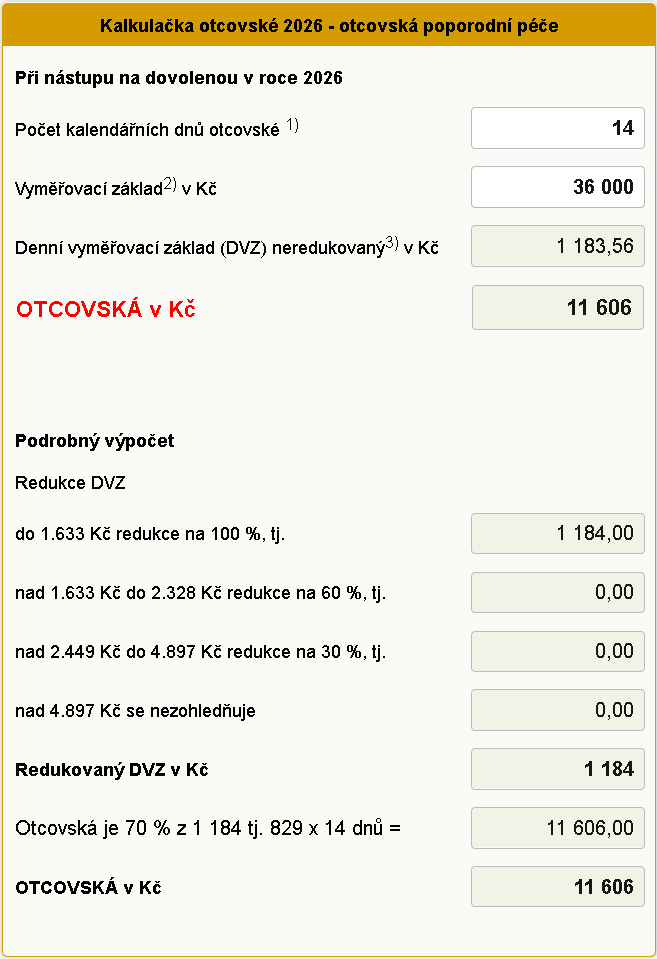 Kalkula�ka otcovsk� 2026