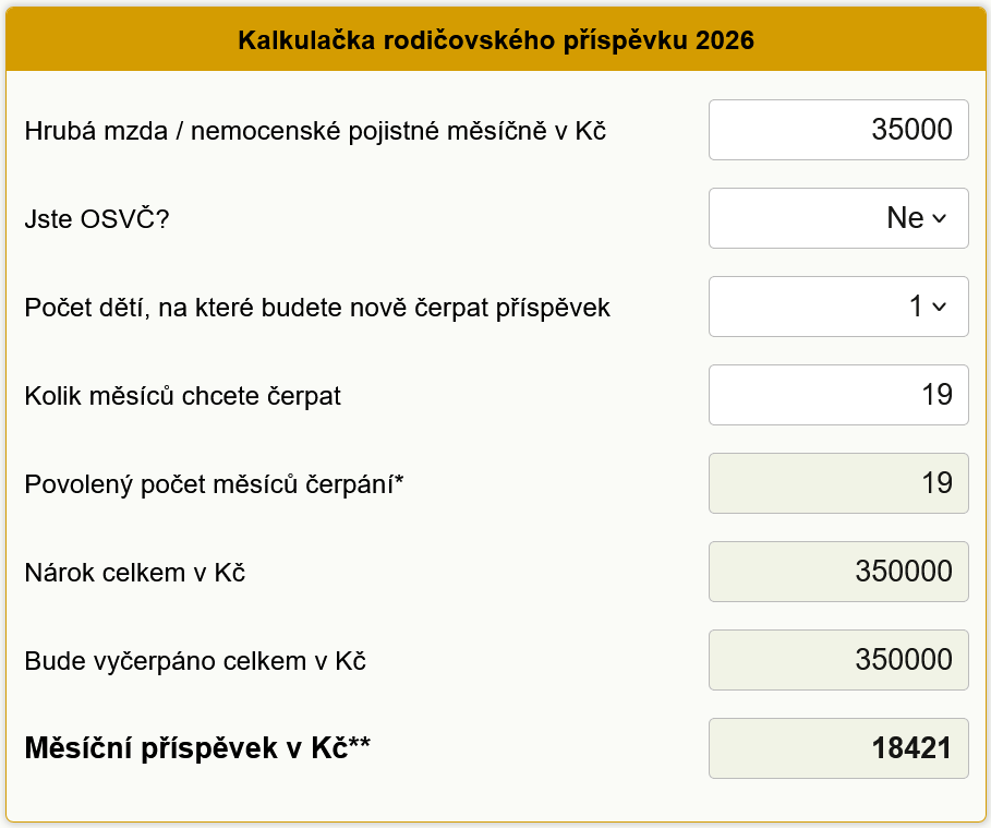 Kalkulačka rodičovského příspěvku 2026
