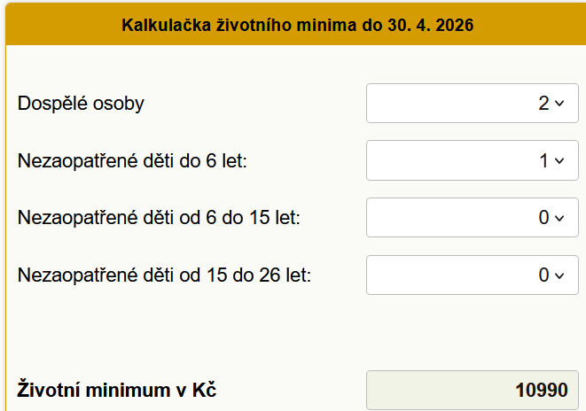 Kalkula�ka �ivotn� minimum do 30. 4. 2026