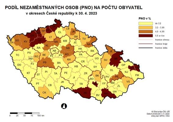 Podl nezamstnanch osob na potu obyvatel v okresech R k 30. 4. 2023