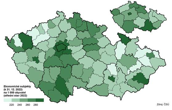 Intenzita podnikatelsk aktivity v okresech a krajch v roce 2022