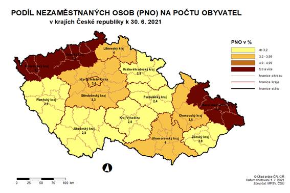 Podl nezamstnanch osob na potu obyvatel v krajch R k 30. 6. 2021