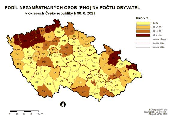 Podl nezamstnanch osob na potu obyvatel v okresech R k 30. 6. 2021