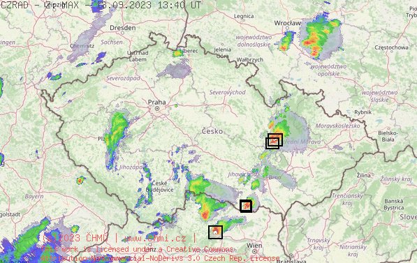 Radarov snmek R s kroupy - 13.09.2023 15:40