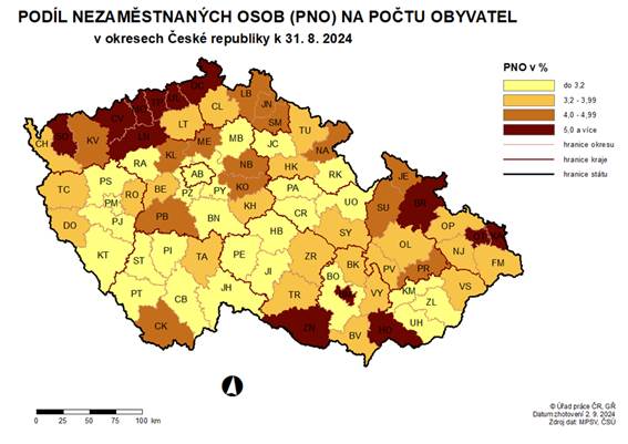 Podl nezamstnanch osob na potu obyvatel v okresech R k 31. 8. 2024