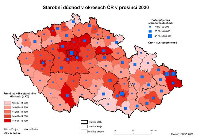 Kartogram: Starobn dchod v okresech R v prosinci 2020