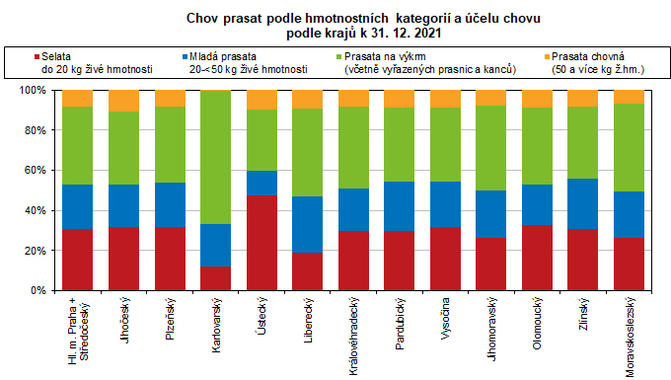 Chov prasat podle hmotnostnch kategori a elu chovu podle kraj k 31. 12. 2021