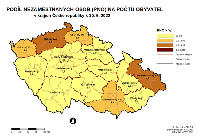 Podl nezamstnanch osob v krajch R k 30. 6. 2022