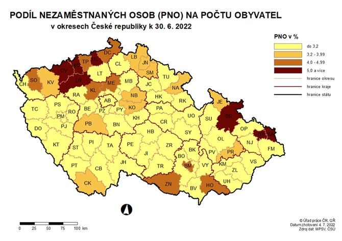 Podl nezamstnanch osob v okresech R k 30. 6. 2022