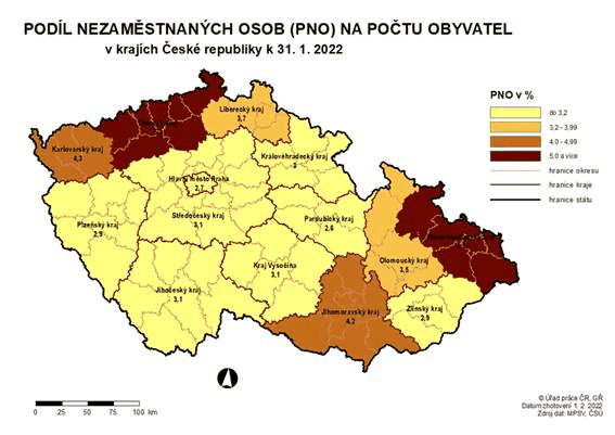 Podl nezamstnanch osob na potu obyvatel v krajch R k 31. 1. 2022