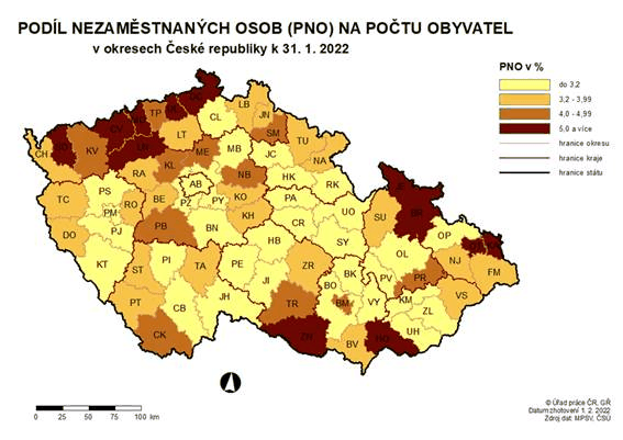 Podl nezamstnanch osob na potu obyvatel v okresech R k 31. 1. 2022