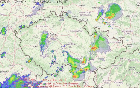 Radarov snmek R s kroupy - 13.09.2023 16:20