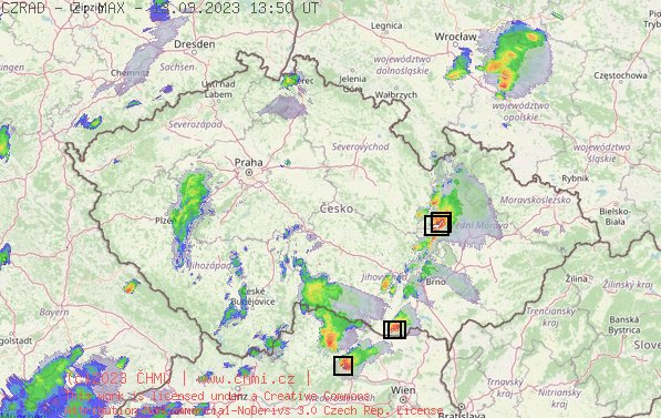 Radarov snmek R s kroupy - 13.09.2023 15:50