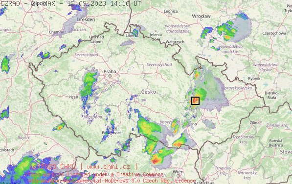 Radarov snmek R s kroupy - 13.09.2023 16:10