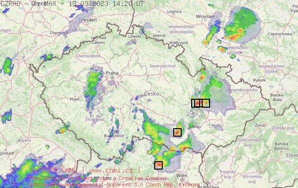 Radarov snmek R s kroupy - 13.09.2023 16:20