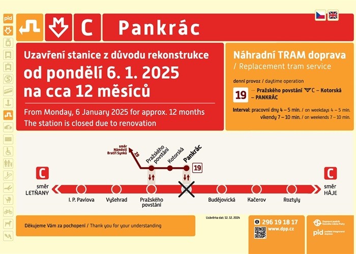 Stanice metra Pankrc bude od 6. ledna 2025 zhruba na rok uzavena