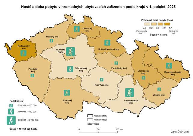 Kartogram: Host� a doba pobytu v hromadn�ch ubytovac�ch za��zen�ch podle kraj� v 1. pololet� 2025